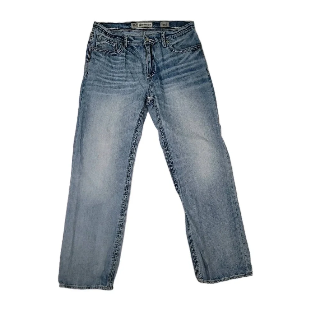 BKE Tyler Straight Leg Jeans Men's 34S Light Wash Thick Stitch Denim